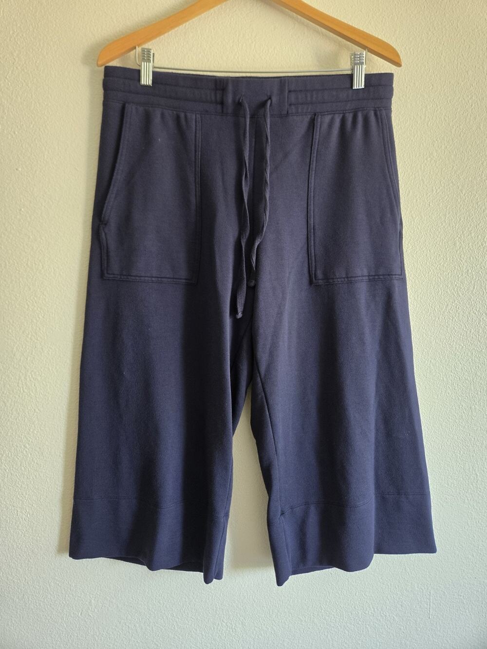 Quince Supersoft Fleece Cropped Wide Leg Pants Navy Blue Large Lounge Comfort